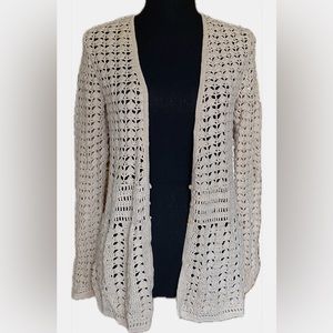 Eddie Bauer Crocheted Neutral Cream Tan Cardigan Linen Cotton